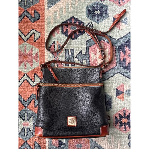 Dooney & Bourke Black Pebbled Leather Crossbody Bag – 11” Wide Black & Tan Purse - Picture 1 of 10